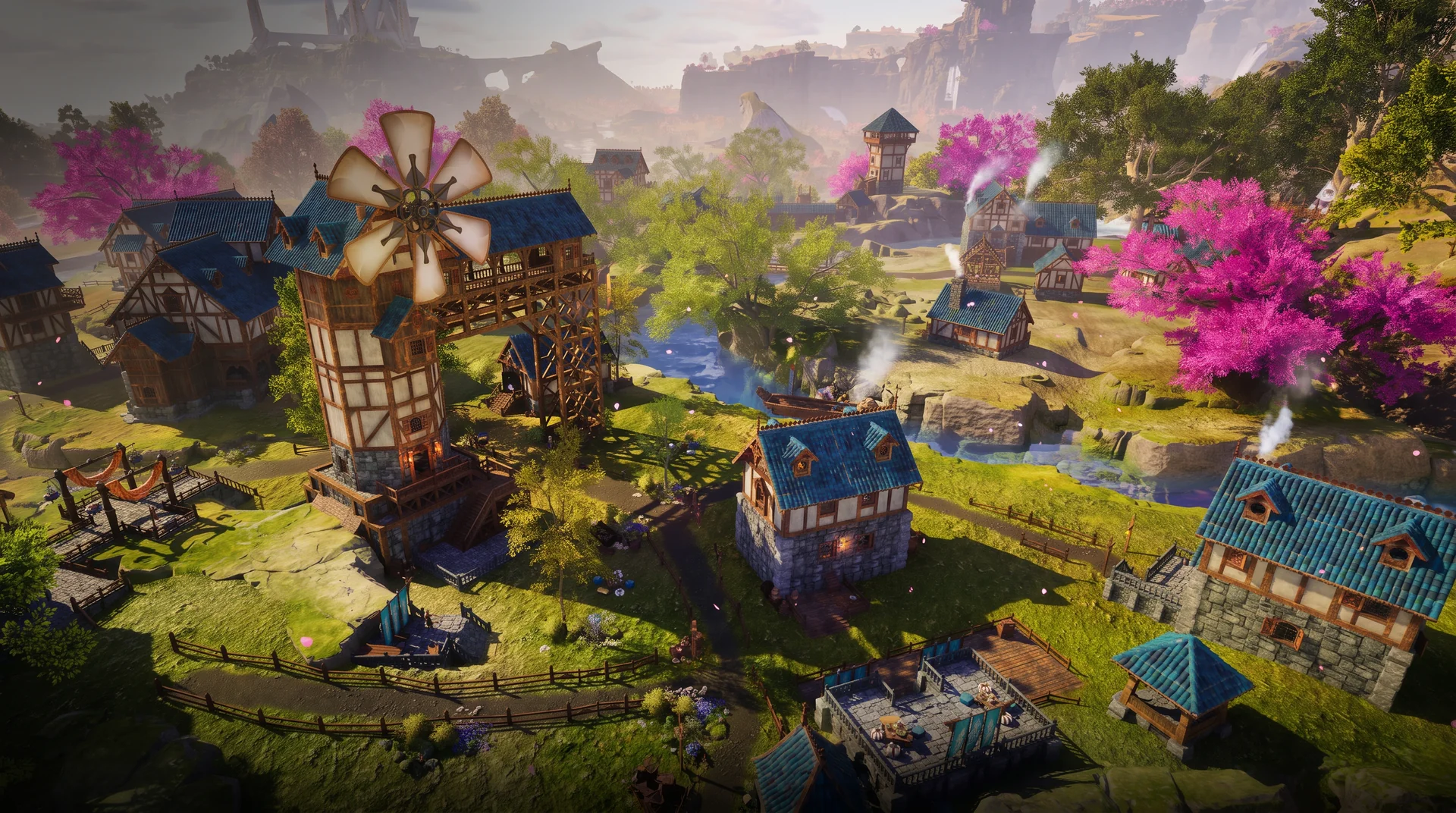 Loading screen key art of Dawnmere: a riverside village with a great windmill, blue roofs, and pink blossom trees