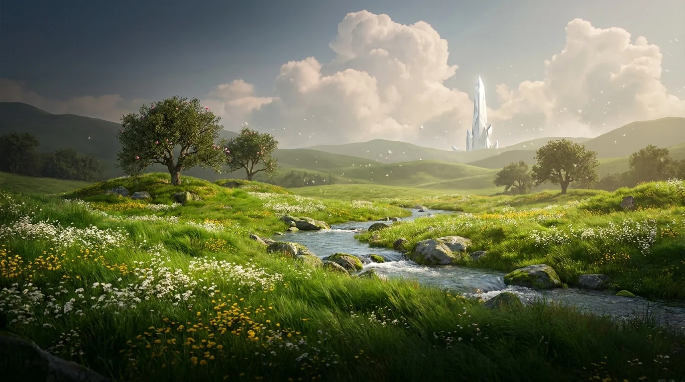Loading screen key art of the Meadows: rolling wildflower fields, a clear stream, and a white crystal spire on the horizon