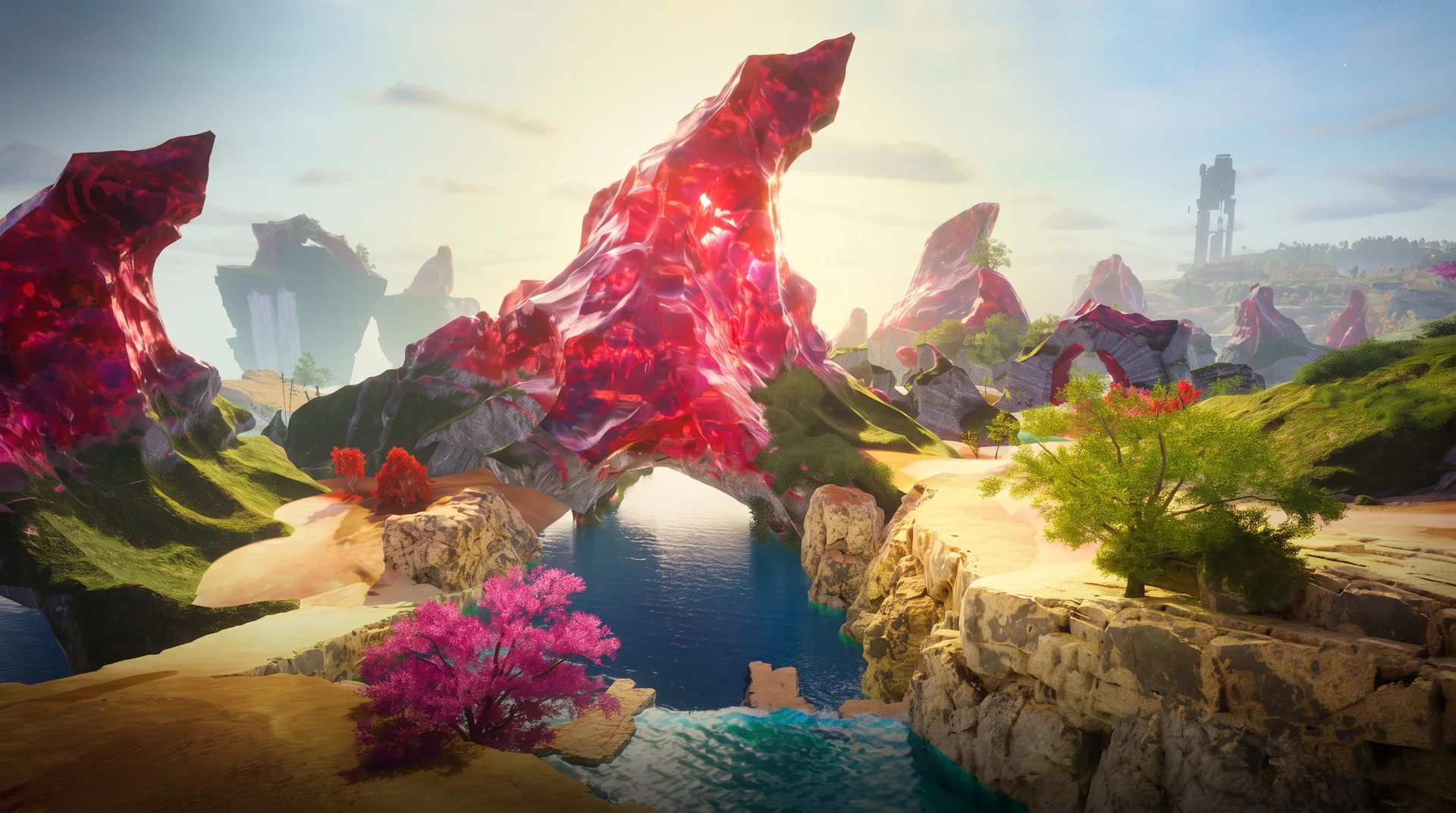 Loading screen key art of the Ruby Archipelago: giant crystalline ruby formations arcing over turquoise water and blossom trees