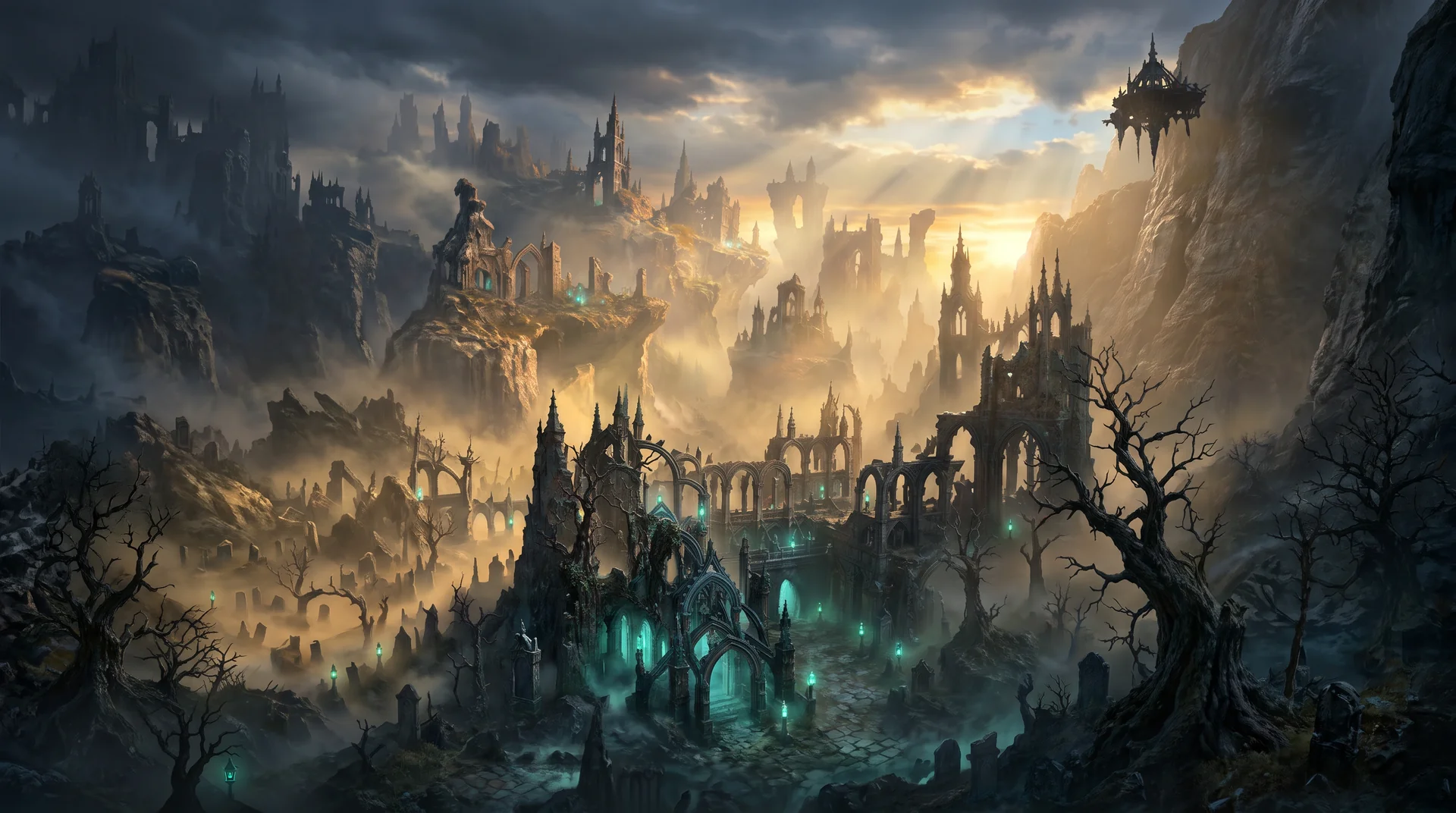 Loading screen key art of the Shattered Cathedral: mist-wreathed gothic ruins lit by teal lanterns under storm light