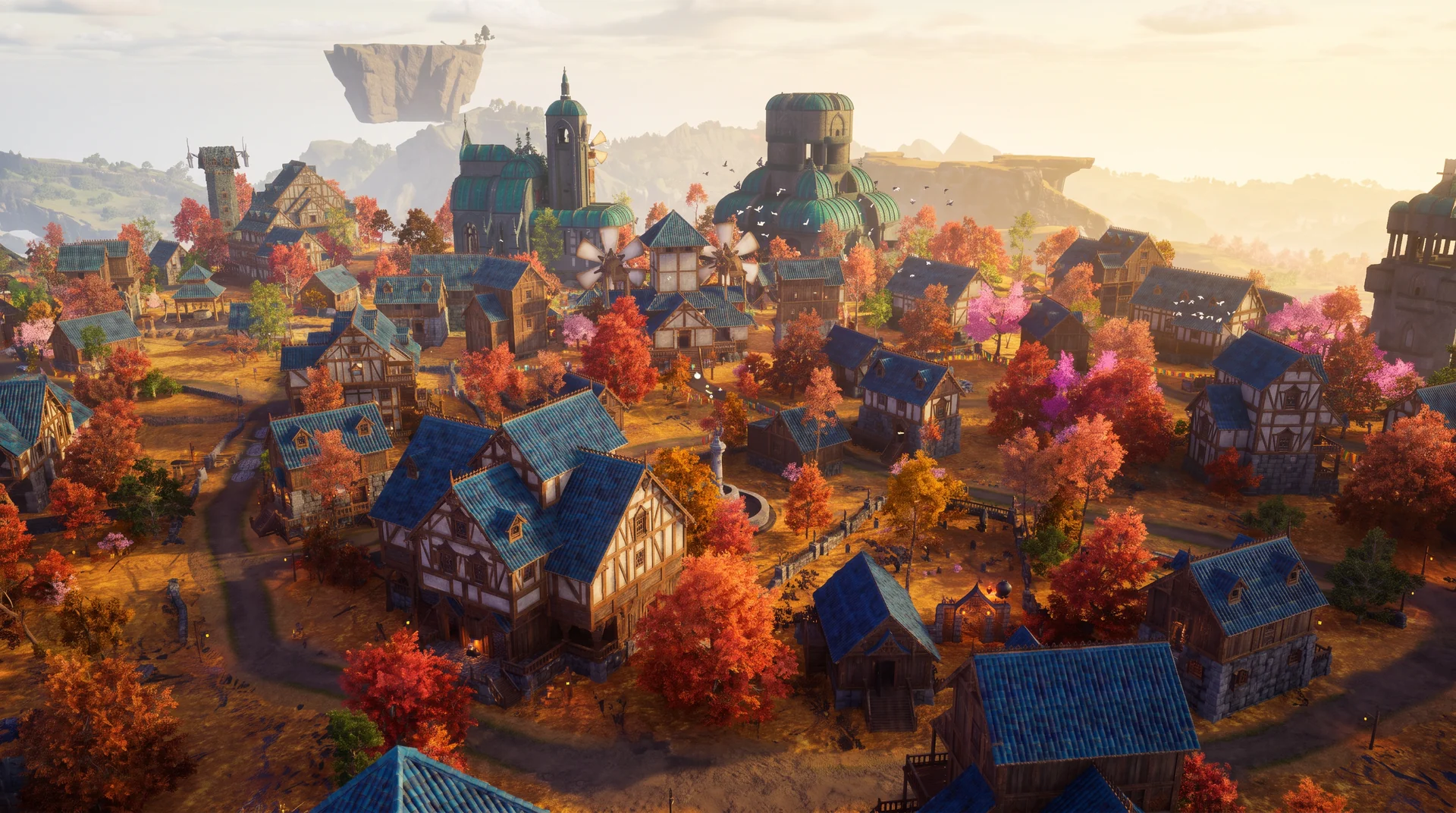 Loading screen key art of Starhaven: a sprawling village of blue-roofed timber houses, teal-domed towers, and floating rock spires at golden hour