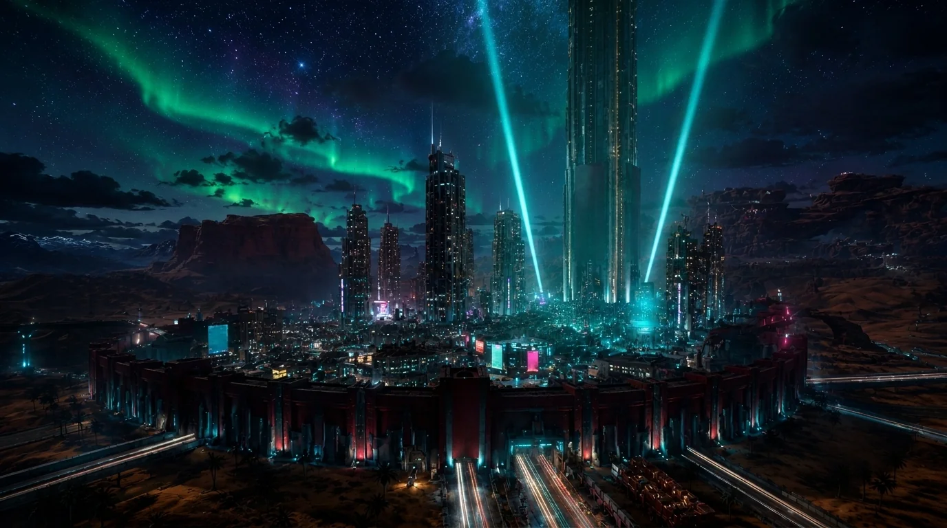Loading screen key art of Vireon: a walled desert citadel at night, twin orbital-elevator beams, and green auroras