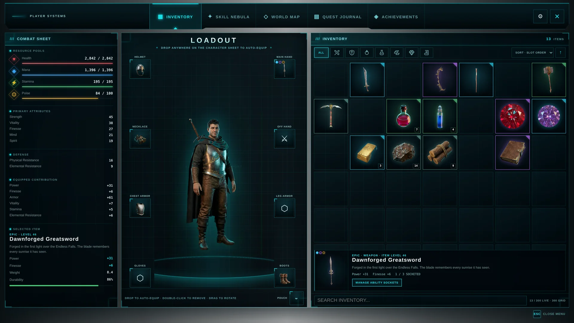 The rebuilt player menu: combat sheet, loadout with a live character preview, and the inventory grid filled with weapons, potions, gems, and materials