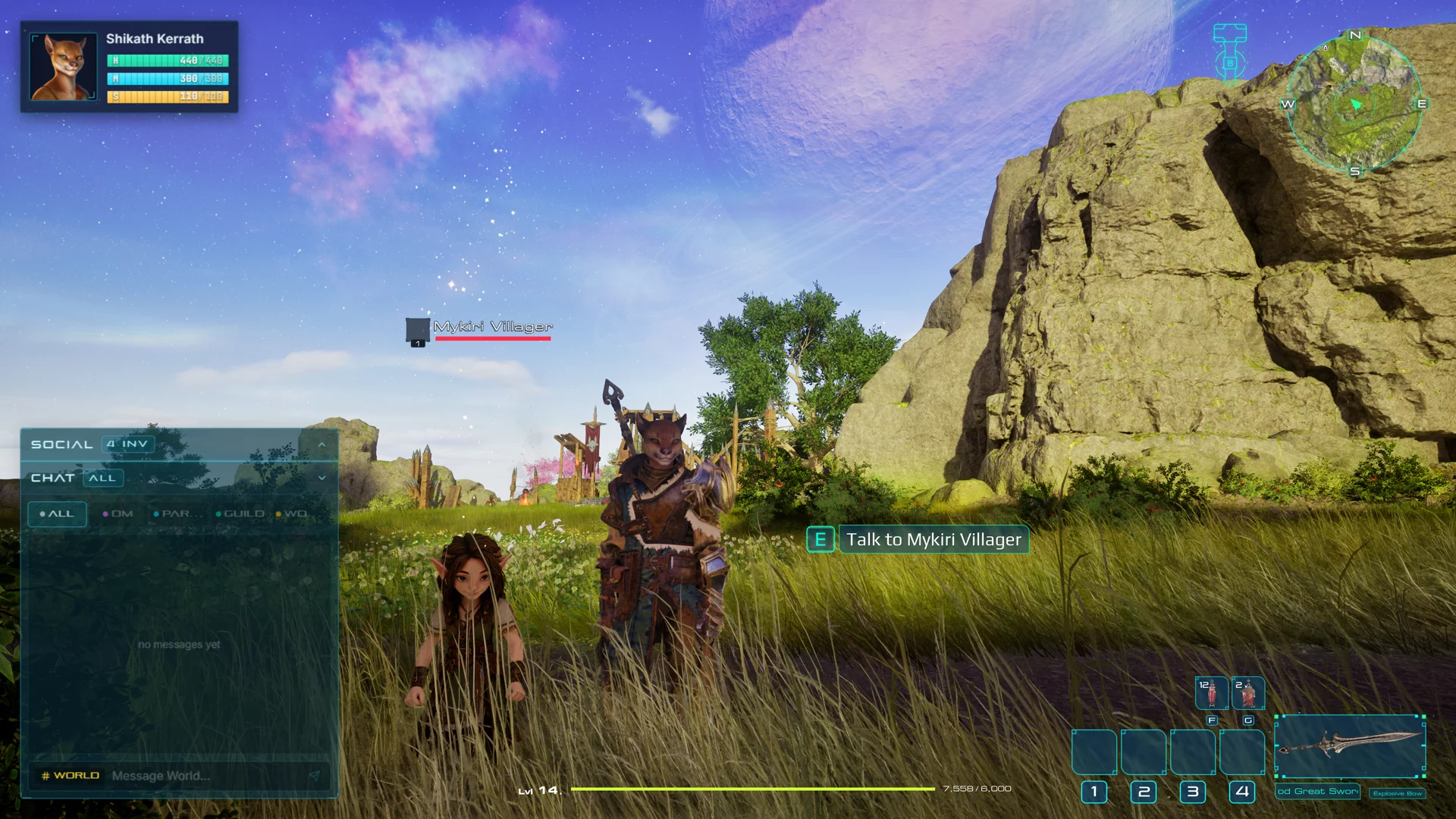 A player standing beside a Mykiri villager in a bright Elysara landscape, with the social panel and interaction prompt visible