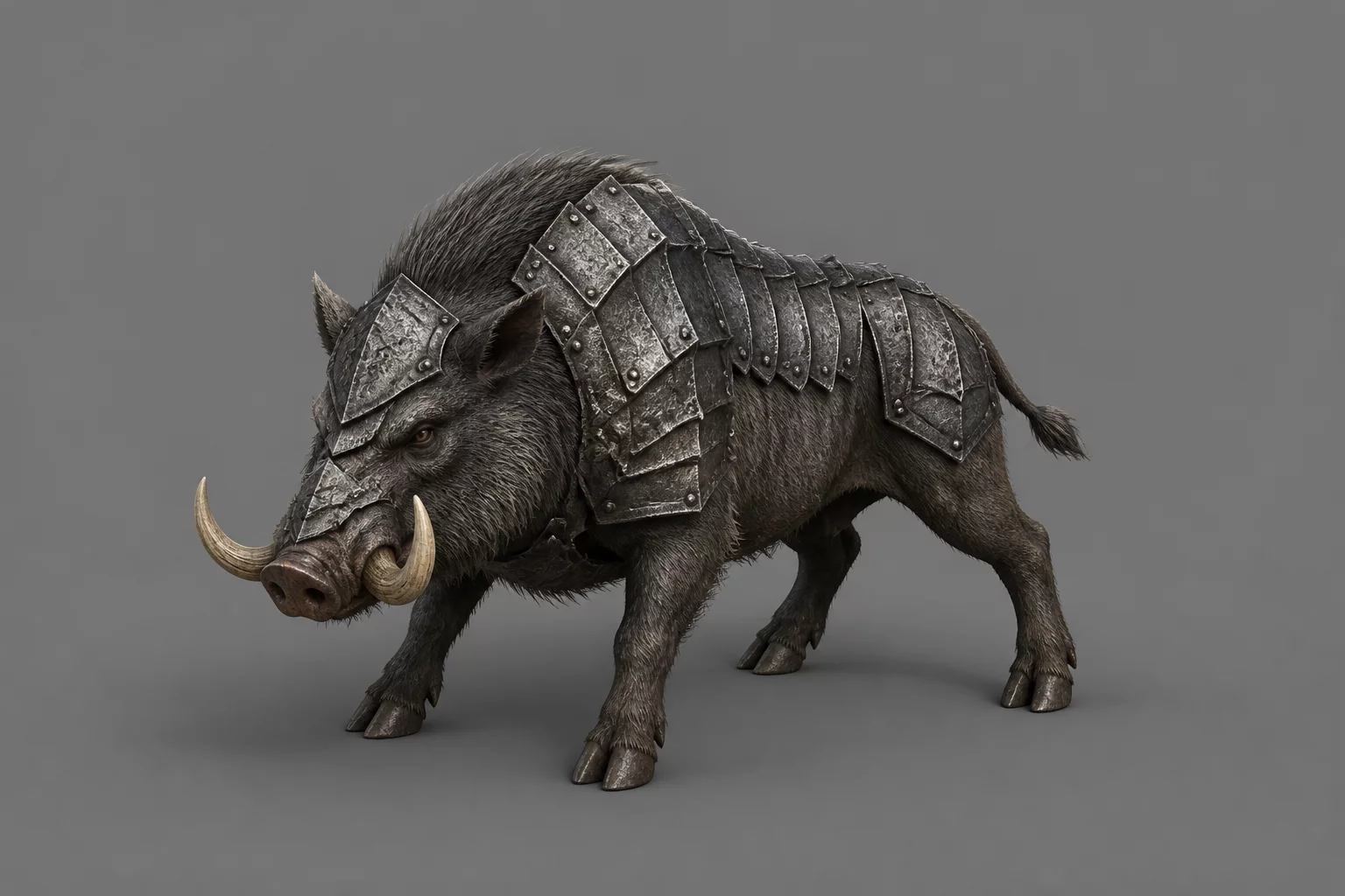 Concept render of a dark armored boar created for Avalon's quadruped creature pipeline