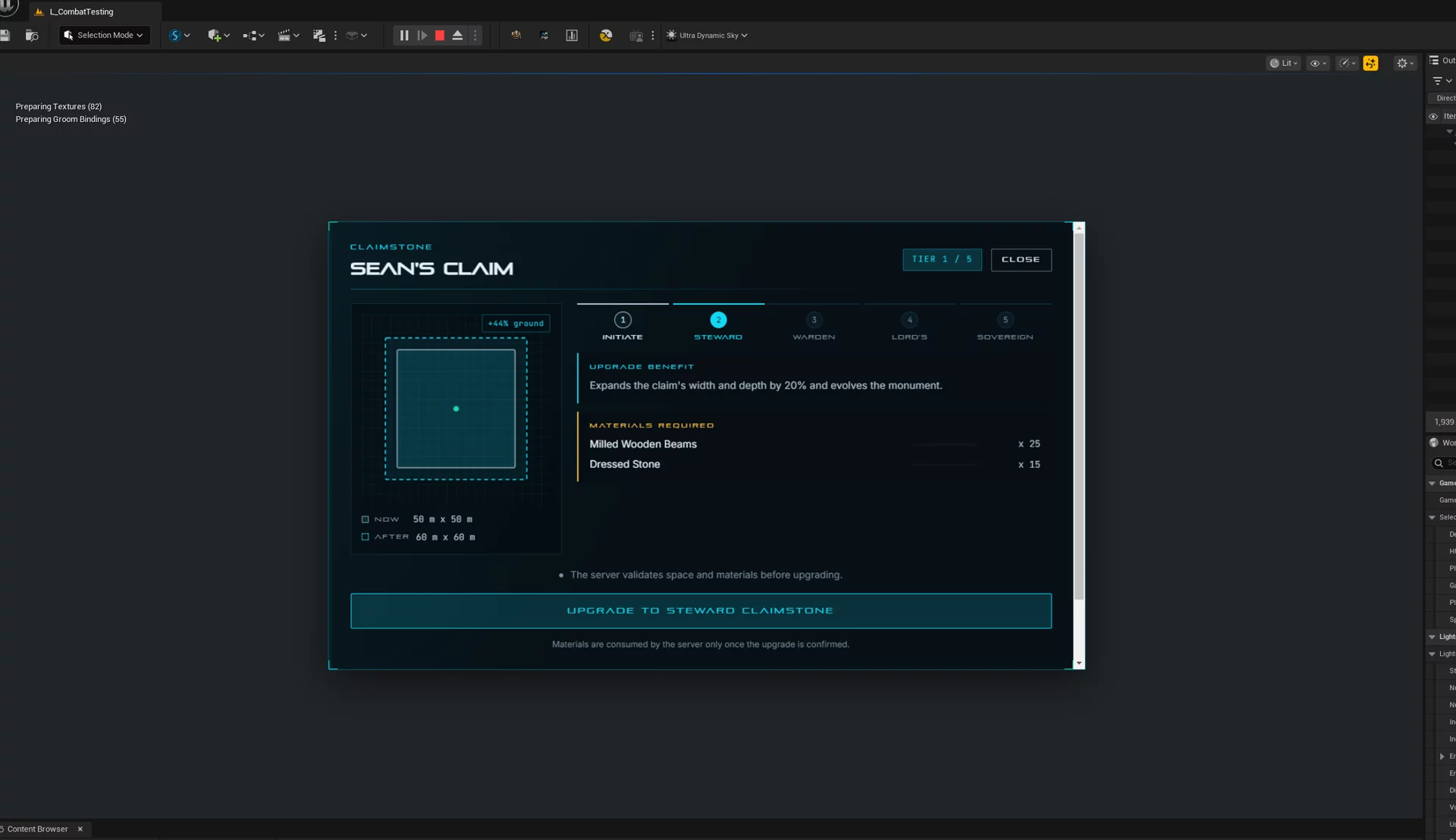 Avalon Claimstone upgrade screen showing tier progression, claim expansion, required materials, and the upgrade action
