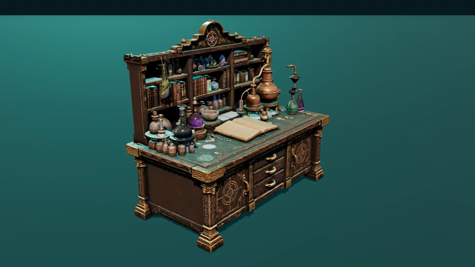 Alchemy Lab with glassware, books, crystals, and distilling equipment