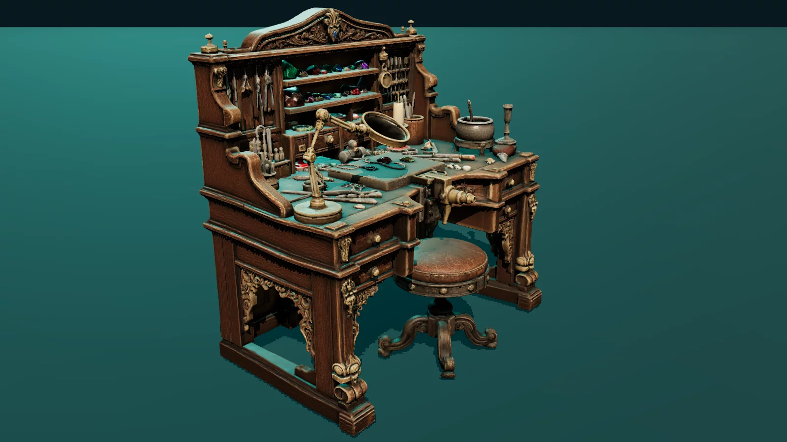 Jeweler's Workbench with gems, tools, magnifier, and stool