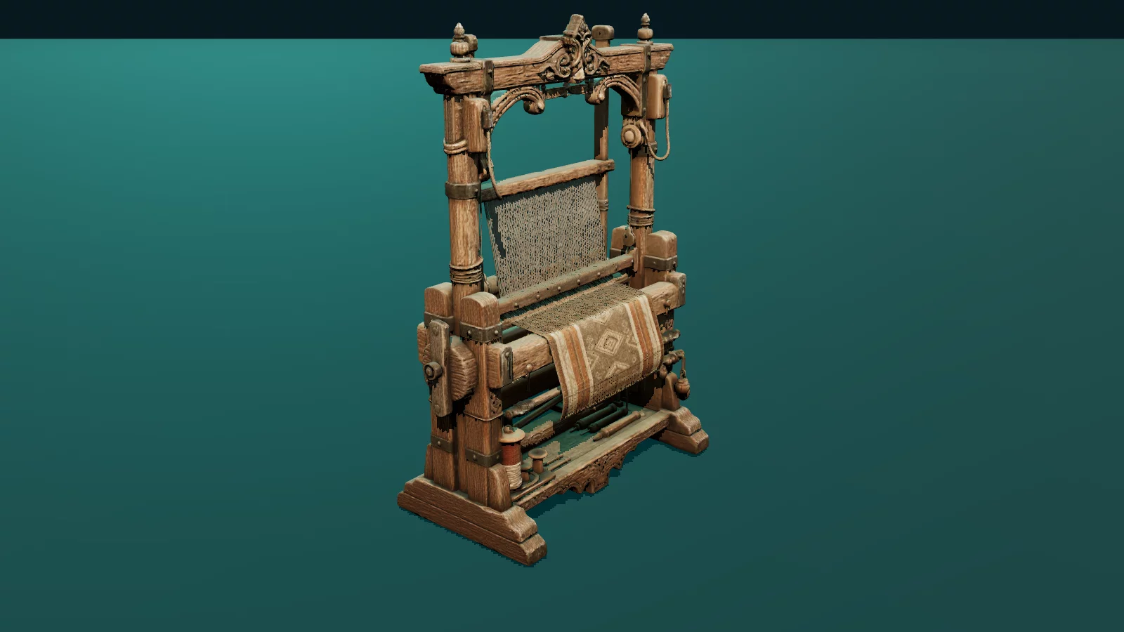 Wooden Loom crafting station with woven cloth
