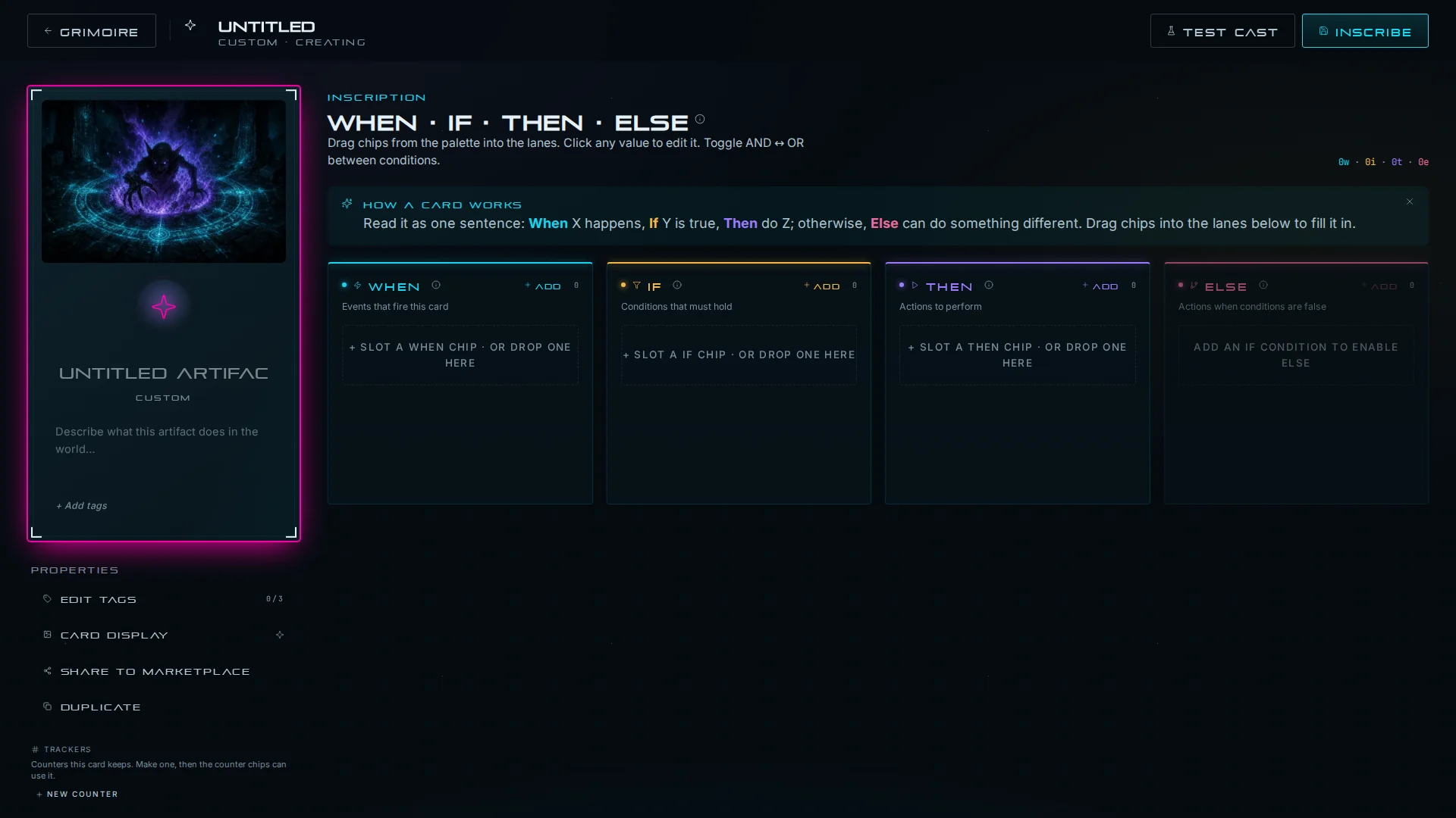 Avalon Merlin logic editor showing the When, If, Then, and Else lanes of a new artifact