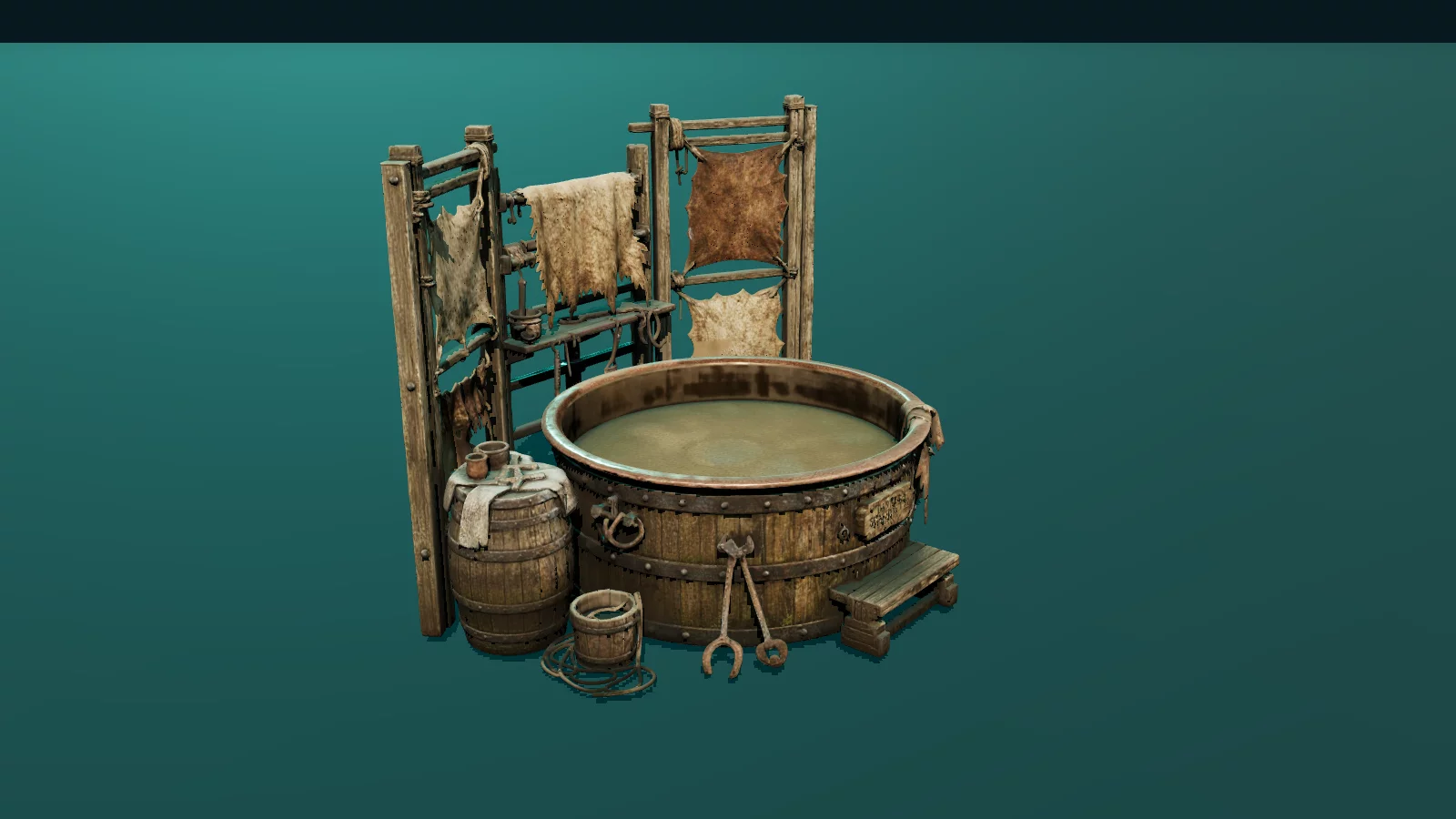 Tanner's Bench with hides, vats, barrels, and tools