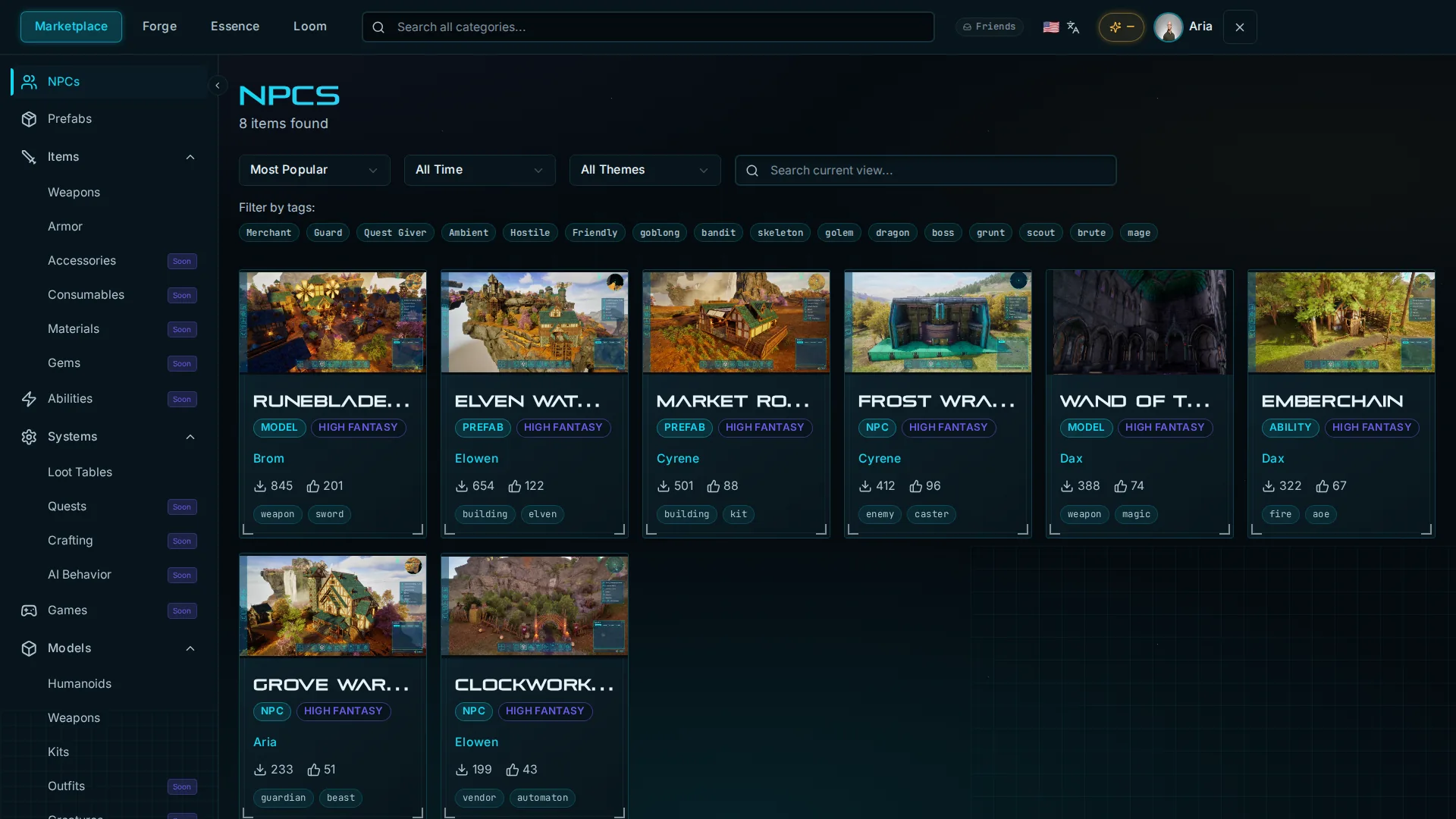 The AVALON Marketplace browse grid
